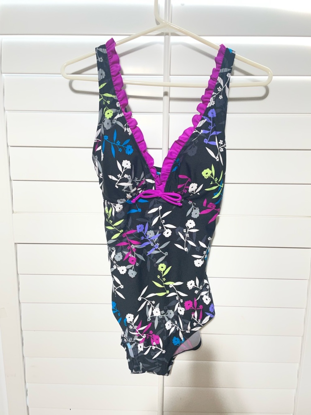 Girls Black Floral One-Piece Swimsuit with Purple Trim